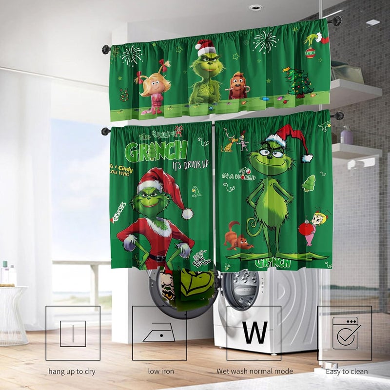 SUNWISHA Christmas Curtain Valance Set - Green Funky Whimsical Holiday Scene with Puppies/Stars/Lights - Playful Kitchen/Bedroom Decor - Upper & Lower Curtains, 52'' L x 18'' W & 36'' L x 26'' W - Image 5